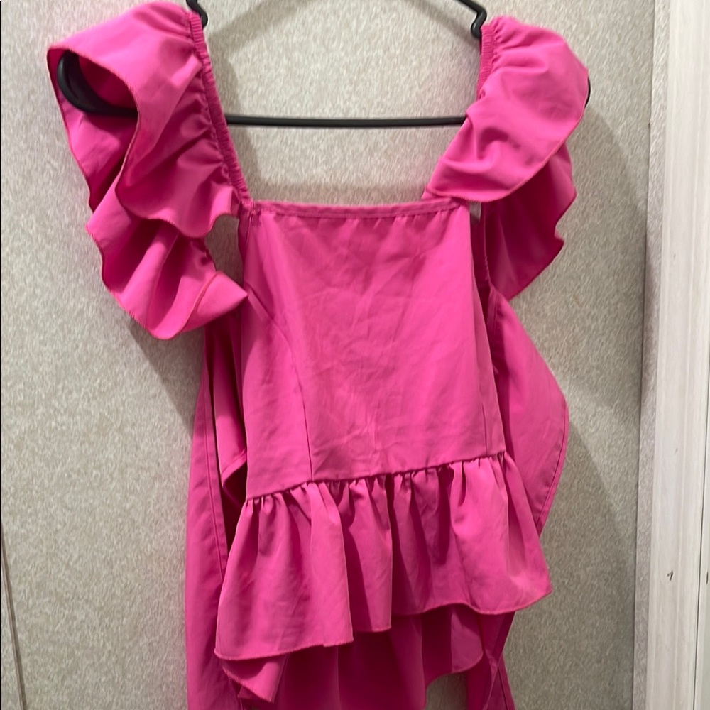 SHEIN Pink Asymmetrical Flutter Sleeve Blouse